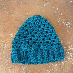 Handmade knit teal beanie